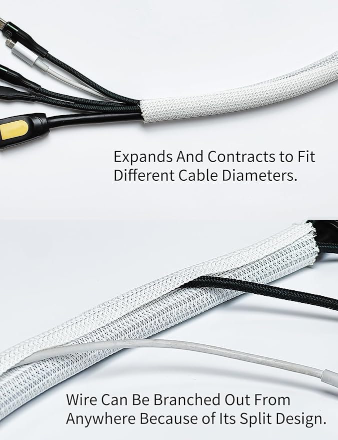 Cable Management Split Wire Loom Sleeve - Cord Hider & Protector for Desk, Pet Chew Proof, Wire Cover Organizer, Flexible Tube for Wires and Cables (3/16 Inch 12FT, White)