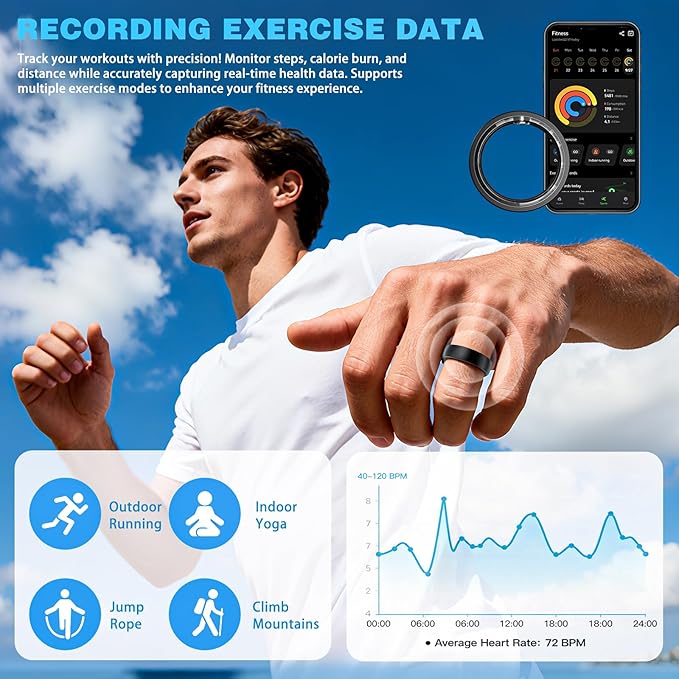 S SECRETTOP Smart Ring Health Tracker for Men Women - Sleep Tracker with Heart Rate, SpO2, Smart Health Ring for Women Men with Step Counting, IP68 Waterproof (Black 8)