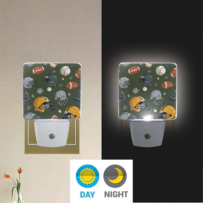 Pigsaly Led Night Light Football Helmets Balls Baseball Night Light Plug in Wall Lamp Smart Dusk to Dawn Sensor Nightlight Led Lamp Energy Saving Lights Gift for Kids Room Bedroom Bathroom Hallway
