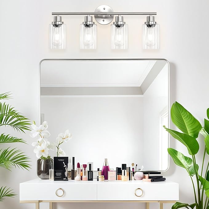 Guliaofo 4-Light Nickel Bathroom Light Fixtures, E26 Modern Vanity Lights for Bathroom with Clear Glass Shade, Wall Lamps for Mirror Hallway Kitchen Cabinet Living Room Sconces Lights