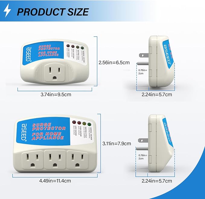 BSEED Surge Protector for Home Appliance 3 Outlet Surge Protector for Refrigerator Voltage Protector for TV, PC, PS5, Air-Conditioning and Other Valuable Household Electronic 125V, 1875W, 4 Pack