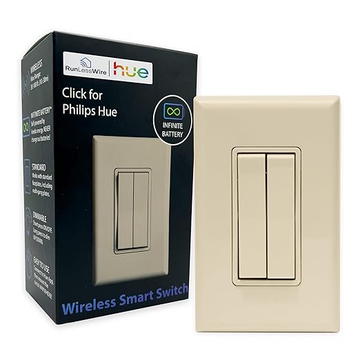RunLessWire Click for Philips Hue – Battery-Free Wireless Smart Light Switch, 30ft Range – Works Natively with Philips Hue Bridge – Wall Mount Kinetic Switch - Decora Style, Light Almond