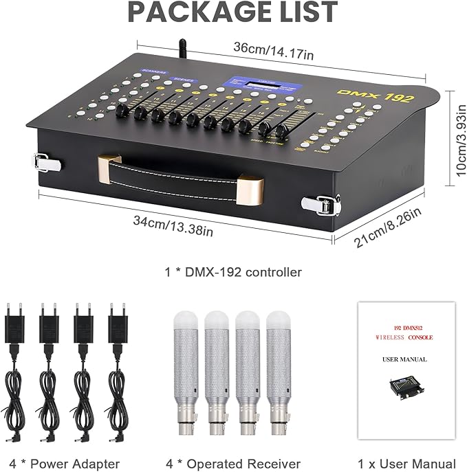 CaalLogt DMX512 Controller Stage DJ Light Console Lighting Mixer Board Console Wireless DMX Transmitter Receivers Set 192 Channels for Party DJ Disco Lights Show Night DJs KTV Bars Moving Heads
