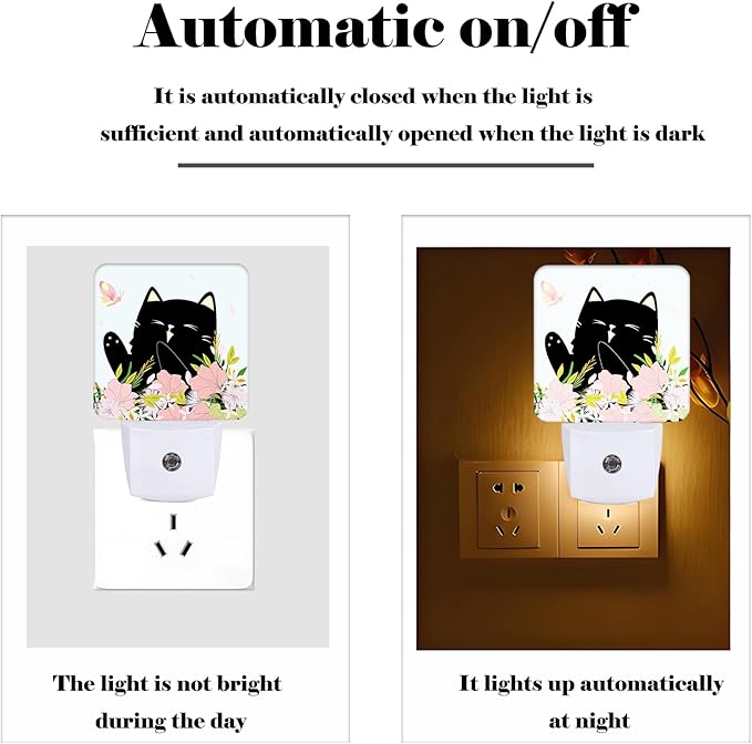 FSHVQKD Black Cat and Flowers Night Light,Plug Into Wall for Boys Girls Bedroom Decorative Square Night Light Lamp 0.5w Sleep Friendly