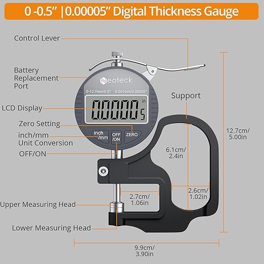 Neoteck Digital Thickness Gauge 0.5inch/12.7mm,0.00005inch/0.001mm LCD Display with Inch/MM Conversion One-Hand Quick Press Thickness Measuring Tool for Leather Paper Fabric Film etc.-Silver-Grey