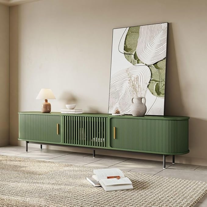 POVISON Fully-Assembled Modern Green TV Stand with Tambour Doors, Fluted TV Media Console for 85 Inch TVs, Sliding Door Entertainment Center with Storage for Living Room (Green, 94.49")