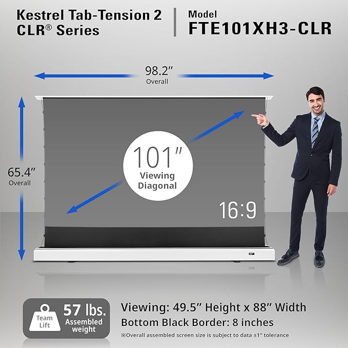 Elite Screens Kestrel Tab-Tension CLR, 101 inch 16:9, Ultra-Short Throw Ceiling Ambient Light Rejecting ALR Electric UST Floor-Rising Projection Motorized Front Projector Screen, FTE101XH3-CLR, White