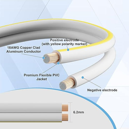 18AWG Speaker Wire 50 FT, 18 Gauge Audio Security Alarm Hookup Control Low Voltage Cable, Home Theater Wire, Automotive Wire, White Cord with Yellow Polarity Marker, CCA, 2 Conductors Electrical Wire