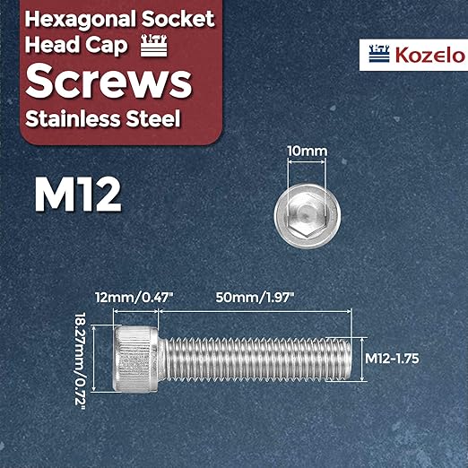 Kozelo 5pcs Socket Head Cap Screws - [M12-1.75 x 50mm] 304 Stainless Steel Allen Socket Drive for Electrical Motor 3D Printing Fan Engine Replacement Use, Silver