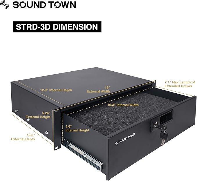 Sound Town Heavy-Duty 1/2" (12mm) Plywood 16U PA DJ Pro Audio Rack/Road ATA Case with 11U Slant Mixer Top, Locking Drawer, Side Table, 20’’ Rackable Depth and Casters (STMR-16TD3)