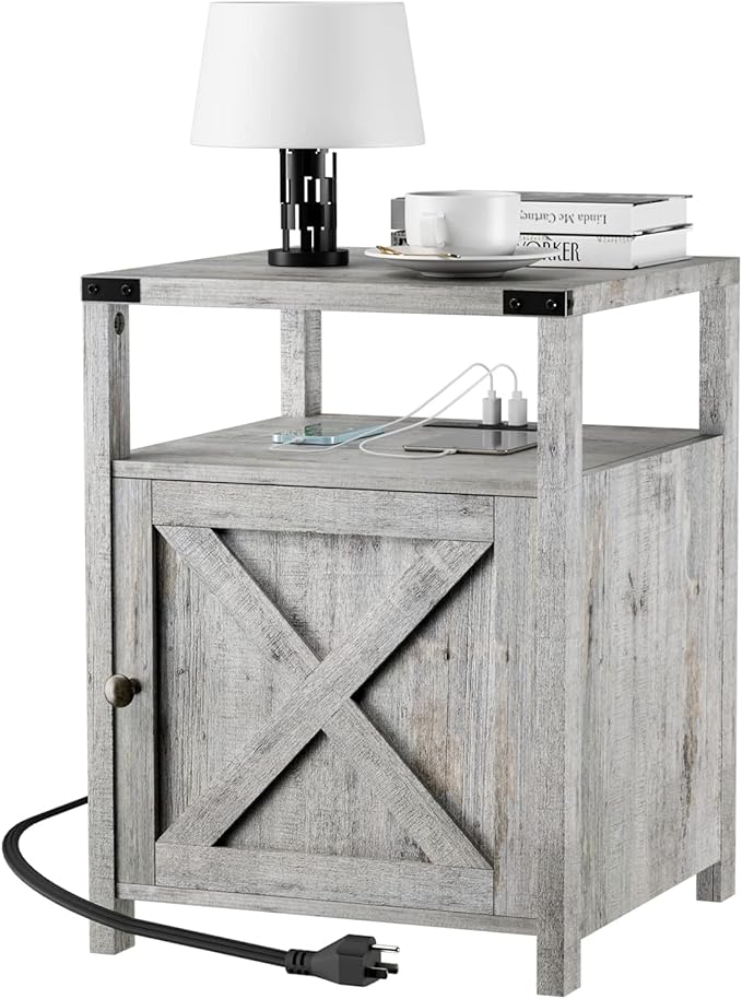 HOSEOKA Farmhouse Nightstand with Charging Station, Grayish White End Table Bedroom with Storage Living Room Side Table Beige Night Stand Industrial Bedside Bed Table with USB Ports and Outlets