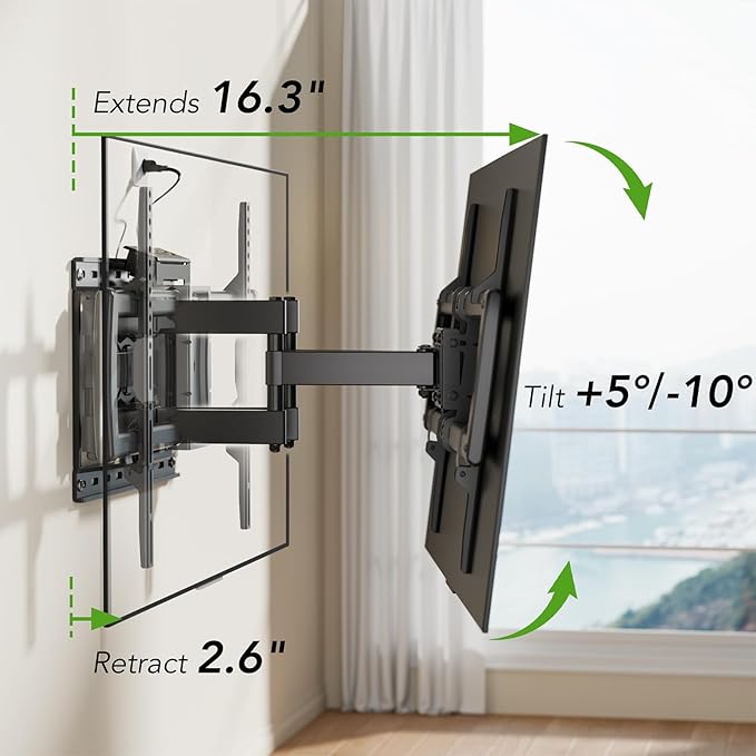 Full Motion TV Wall Mount Bracket with Power Outlet for Most 32-85 inch TV,TV Mount Dual Articulating Arms,Tilt/Swivel/Extension/Leveling,Fits 8” 12” 16" Studs,Max Vesa 600x400mm, Holds up to 132lbs