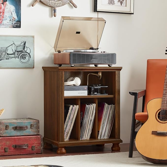 Joaxswe Record Player Stand with Vinyl Record Storage, 24" Wide Mid-Century Record Player Table Up to 200 Albums,Large Wood Turntable Stand Cabinet Dispaly Shelf for Living Room,Bedroom,Brown