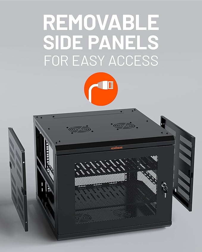 ECHOGEAR 9U Network Rack - Enclosed Wall Mount Rack Kit Includes 2X 1U Shelves, Pre-Mounted Fan, Lockable Door & Hardware - 600mm Depth Fits All Your AV Gear