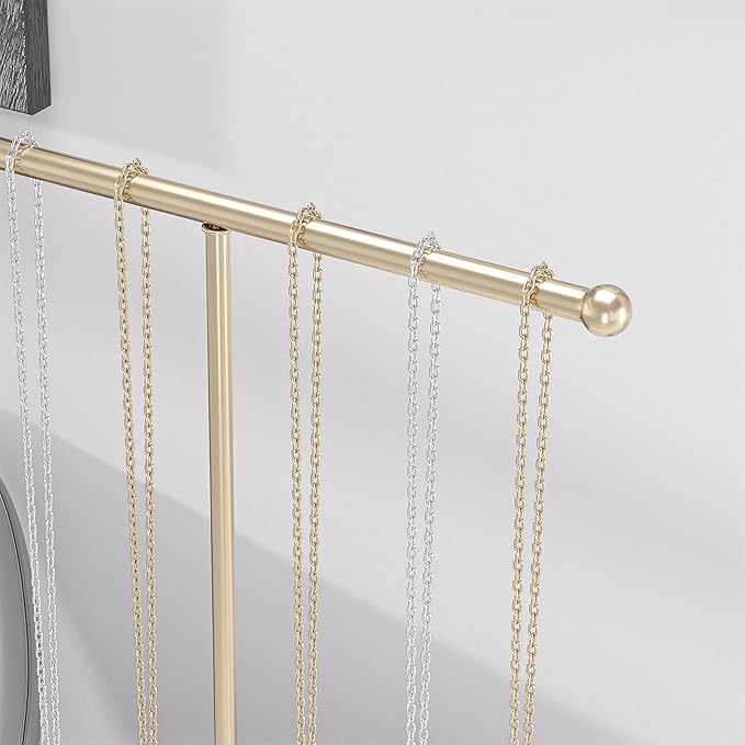 Justsoso Metal T-Bar Necklace Holder Stand, Necklace Hanging Display Stand, Tabletop Jewelry Organizer Stand for Necklace Bracelet Earring Display (Gold With Solid Acrylic Base)