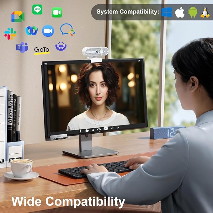 MOERTEK 2K Webcam for PC, Webcam with Microphone and Tripod, Auto Light Correction, USB Camera Plug and Play, 90° Wide FOV, Privacy Cover, Works with Skype, Zoom, Meet, Teams, PC, Laptop, Mac, Tablet