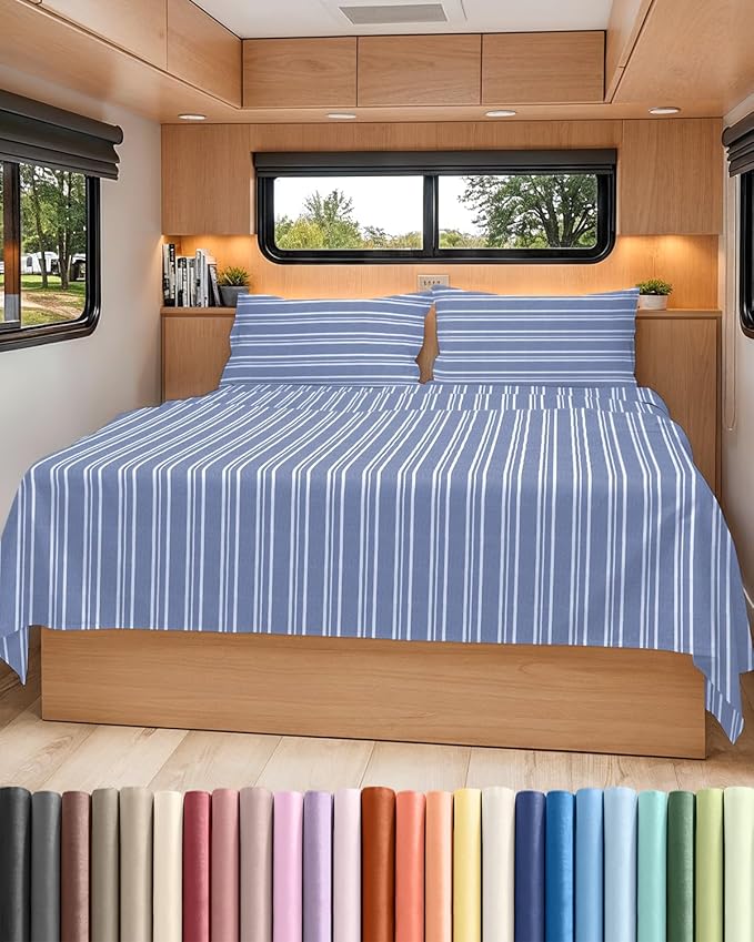 RV Short Queen Sheet Set 60 X 75 - 4 Piece RV Short Queen Bed Sheets - Soft, Breathable & Cooling - Designed for Bunks, Trailers & Campers - Fits 8” to 12" Mattress - Luxury Bedding - Blue Stripes 3