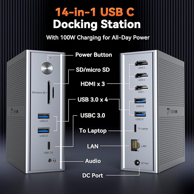 TobenONE DisplayLink Docking Station 3 Monitors, 14-in-1 Triple Monitor Dock for M1-M5 MacBook/Mac mini, Windows, Chrome (3HDMI, 120W Power Supply, 5 USB, Home Office & Professional Workspace