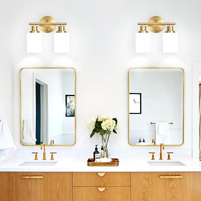 Guliaofo 2-Light Vanity Lights, Brushed Gold Bathroom Light Fixture with Striped Textured Milky White Glass Shade, Modern Vanity Lighting Fixture for Bathroom Wall Light Over Mirror, E26 Wall Sconce