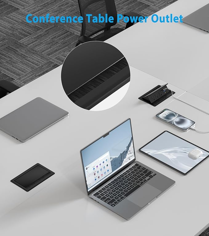 Recessed Conference Table Power Hub with 20W USB-C PD Fast Charging, Flush Mounted for Desks, Kitchens & RVs, 6FT Power Cord (Black)