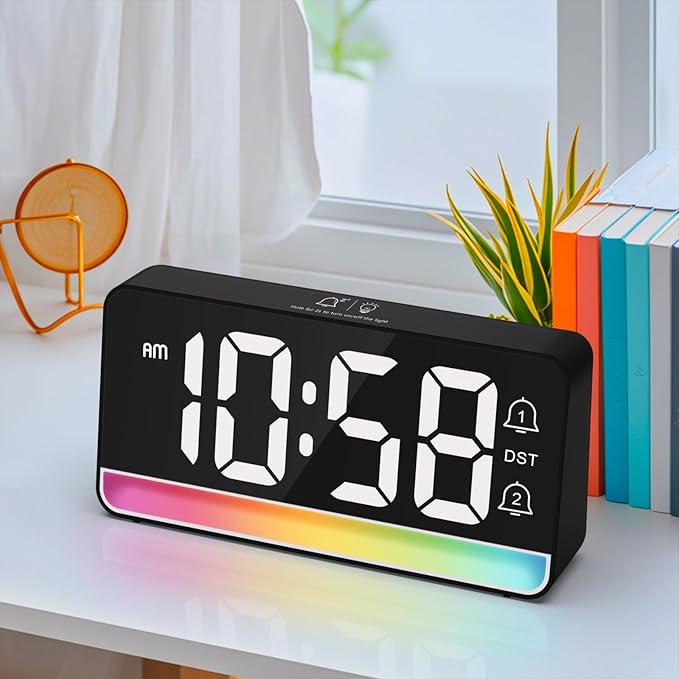 Alarm Clocks for Bedrooms, Digital Bedside Clock with RGB Night Light, Adjustable Volume for Heavy Sleepers, USB Charger, Large Display, Modern Decor for Desk, Dimmable Alarm Clock for Kids(Black)