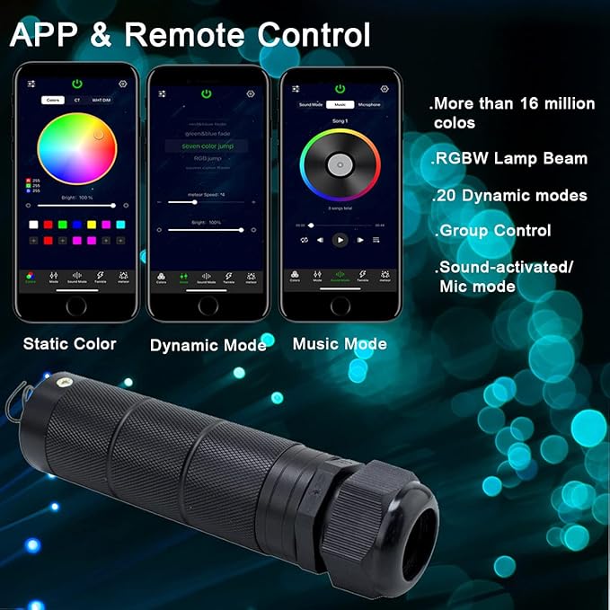 AZIMOM Car Use Bluetooth 6W RGBW LED Fiber Optic Lights Star Ceiling Light Kit APP Remote Controller 450pcs 0.03in 6.5ft Optic Cable Music Mode Sensory Lighting Indoor Home Interior Decoration