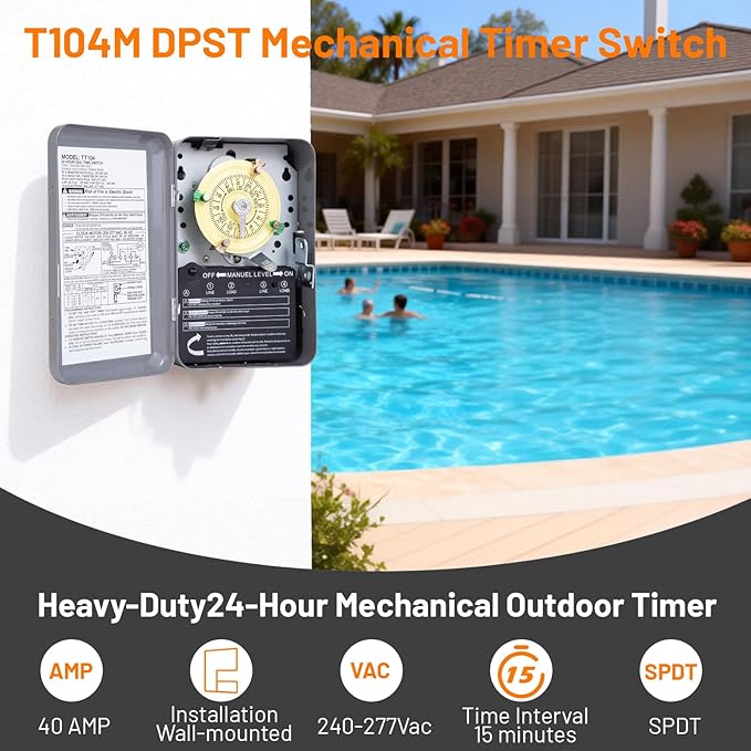 T104M Mechanical Timer Switch Mechanism Only, Heavy-Duty Timer Switch for Pool Pumps, 120V 40A DPST, 24-Hour 12 ON/Off Cycles - for Lights, Water Heaters, Fans, HVAC Systems