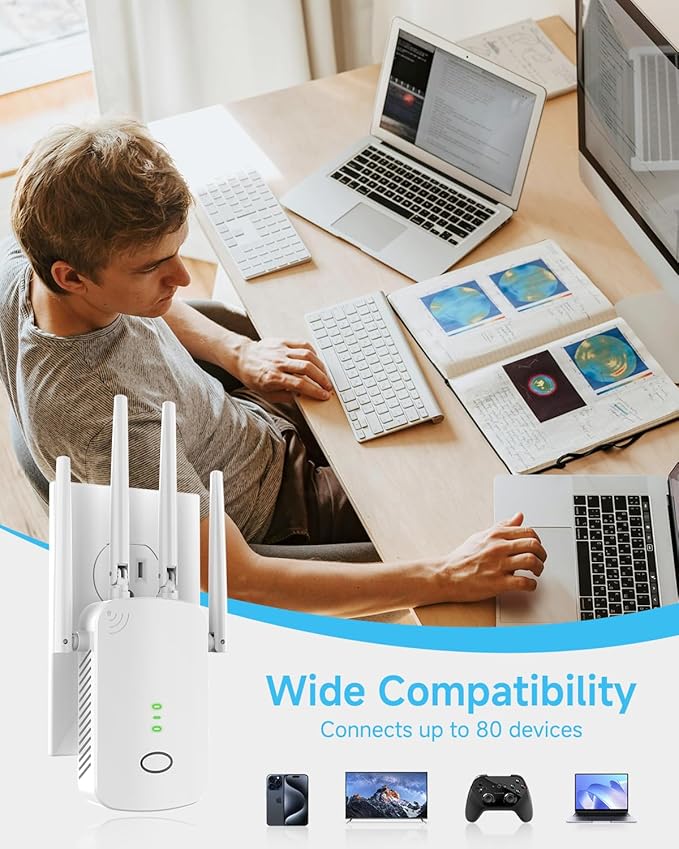 WiFi Extender, 2.4G WiFi Extender Signal Booster – 10888 Sq Ft, 80 Devices Supported & 1-Tap Faster Setup