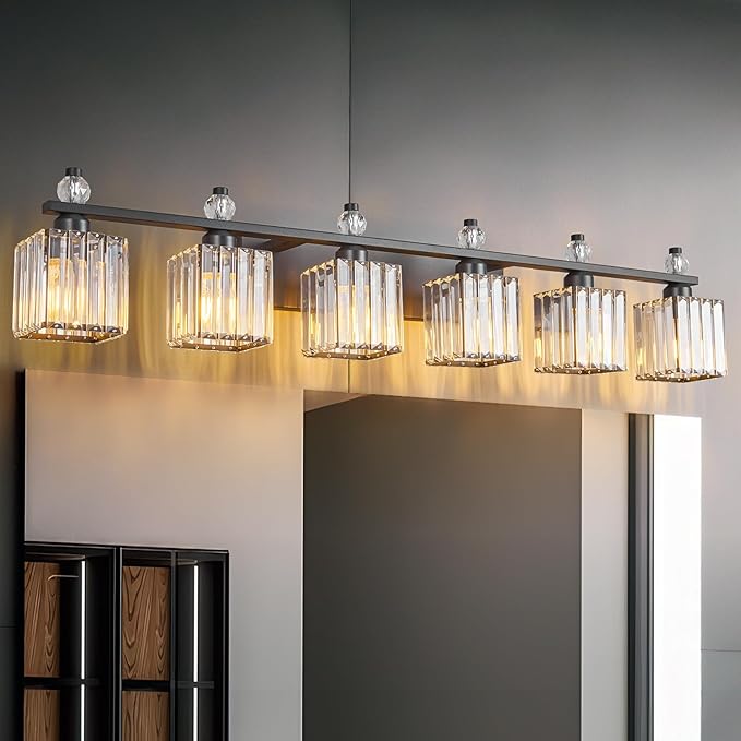 FDPBY Vanity Lights 6-Light Modern Crystal Vanity Light Sand Black Bathroom Light Fixtures Over Mirror Crystal Bathroom Vanity Lighting Fixtures
