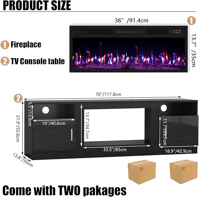 VITESSE Fireplace with TV Stand 36" inch Electric Fireplace Up to 80" TVs, LED Light Entertainment Center, 70" Modern Wood High Gloss with Highlight Storage Cabinet for Living Room (Black)