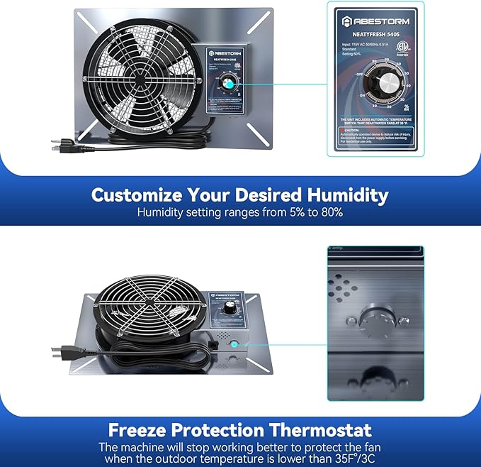 Abestorm 540CFM Crawlspace Ventilation Fans IP-55 Grade Basements Vent Fan 8.7 inches Ventilator Fan with Freeze Protection Thermostat Dehumidistat for Crawl Space Basement Attic Garage, Exhaust