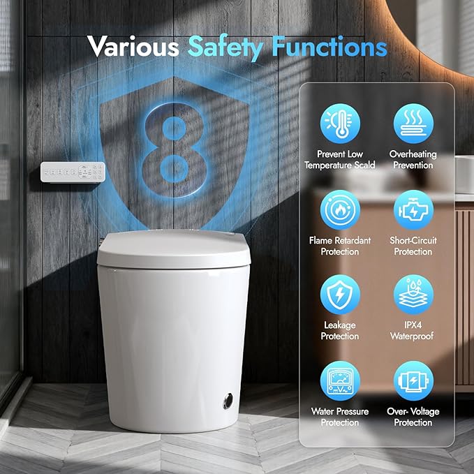 WANSID Compact Smart Toilet With Bidet, Heated Seat, Auto Open/Close Lid, Blackout Flush, Warm Water & Air Dry Function, One-piece Toilet with Tankless Design, Space-Saving, Night Light