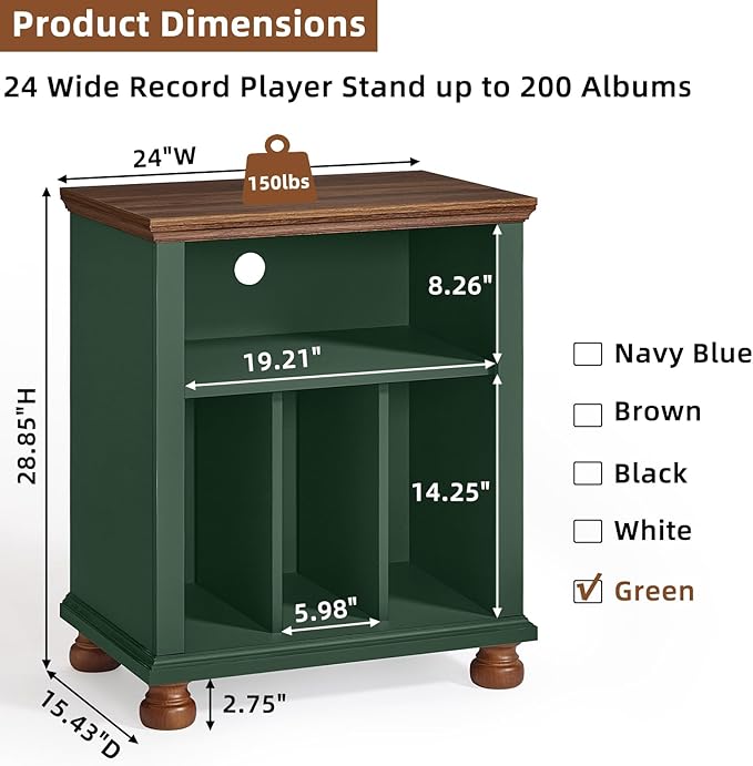 Joaxswe Record Player Stand with Vinyl Record Storage, 24" Wide Mid-Century Record Player Table Up to 200 Albums,Large Wood Turntable Stand Cabinet Dispaly Shelf for Living Room,Bedroom,Green