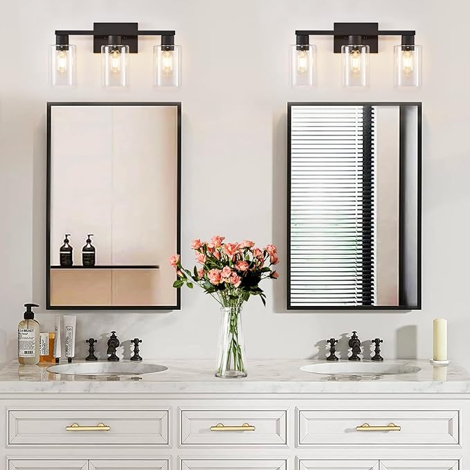 SOPEAS 3-Light Bathroom Vanity Light, Black Vanity Lights with Clear Glass Shades, Bathroom Wall Sconce Lamp for Mirror Living Room Bedroom Hallway