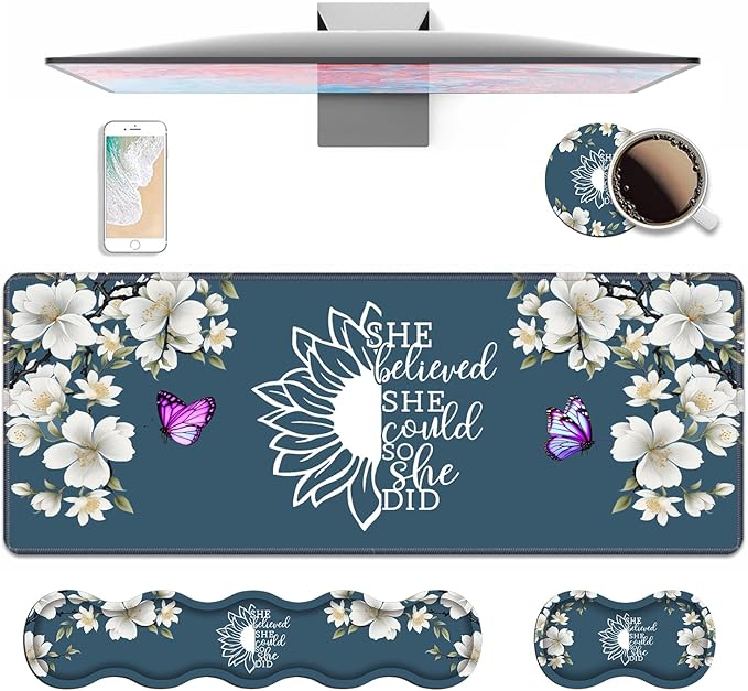 Ergonomic Keyboard Wrist Rest & Mouse Pad Wrist Rest Set, She Believed She Could So She Did Inspirational Quote Large XXL Gaming Desk Mat 31.5"x 11.8" with Non-Slip Base for Home Office Study Gaming