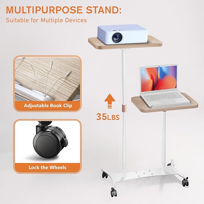 YUMFUN 2 Shelves Projector Stand, Mobile Laptop Cart on Wheels Projector Stand Adjustable Height 20 to 53 Inches, Overbed Table with 5 Lockable Casters, Rolling Laptop Floor Stand for Couch