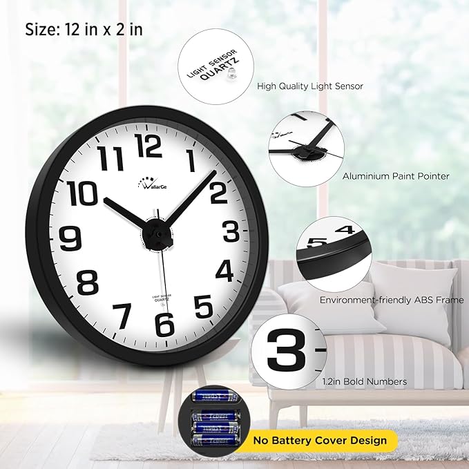 WallarGe Night Light Wall Clock for Bedroom - Silent Lighted up Wall Clock Glow in The Dark, Battery Operated for Living Room/Kitchen, Easy to Read Large Digital Display, 12 Inch