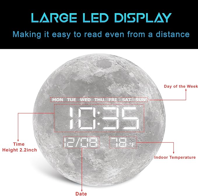 HOMLOVE Digital Wall Clock with Large LED Display, Moon Modern Electric Wall Clock [Plug-in] for All Room, Home, Office, (Moon, 12.59 INCH)