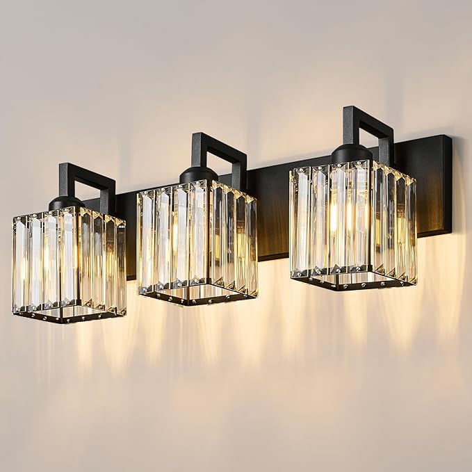 FDPBY Modern Bathroom Vanity Light 3-Lights Black Crystal Wall Lamp Bathroom Modern Crystal Vanity Lighting