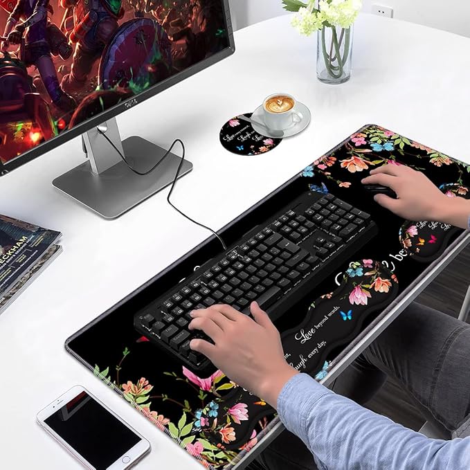 Ergonomic Keyboard Wrist Rest & Mouse Pad Wrist Rest Set,Large XXL Gaming Desk Mat 31.5"x 11.8" with Non-Slip Base, Memory Foam,Easy Typing Pain Relief for Home & Office,Floral Quote Live Laugh Love