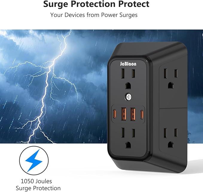 Surge Protector Outlet Extender, 6 Outlet Extender with 4 USB Charging Ports (2 USB C), 3 Sided Multi Plug Wall Adapter for Home, Office, Travel-2 Pack,Black