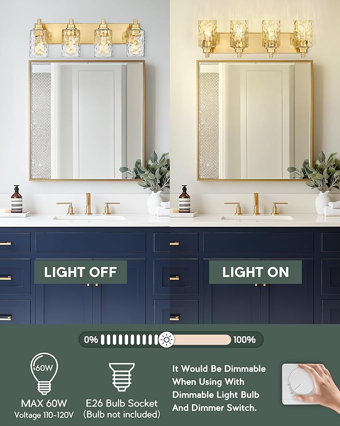 METWET 4-Light Bathroom Light Fixtures, 24.5 Inch Brushed Gold Vanity Lights with Clear Hammered Glass Cylinder Shade, Modern Vanity Lighting Fixture Over Mirror, VL198-BG-4