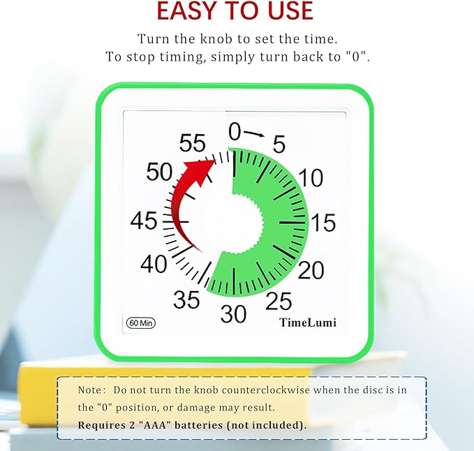 TimeLumi 60-Minute Visual Timer for Kids, Time Management Tool Study Classroom Timer, Home Edition Silent Countdown Timer for Toddler, Teachers and Adults (Green)