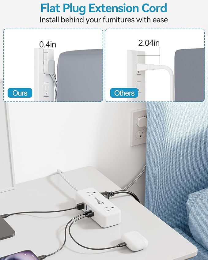 Power Strip with USB C, Small Extension Cord with 4 Outlets & 2 USB-A and 3 USB-C Ports 4.8A/24W Charging Station, 3 Ft 2 Sides Outlet Extender Non Surge Protector for Cruise Ship Travel Office Dorm