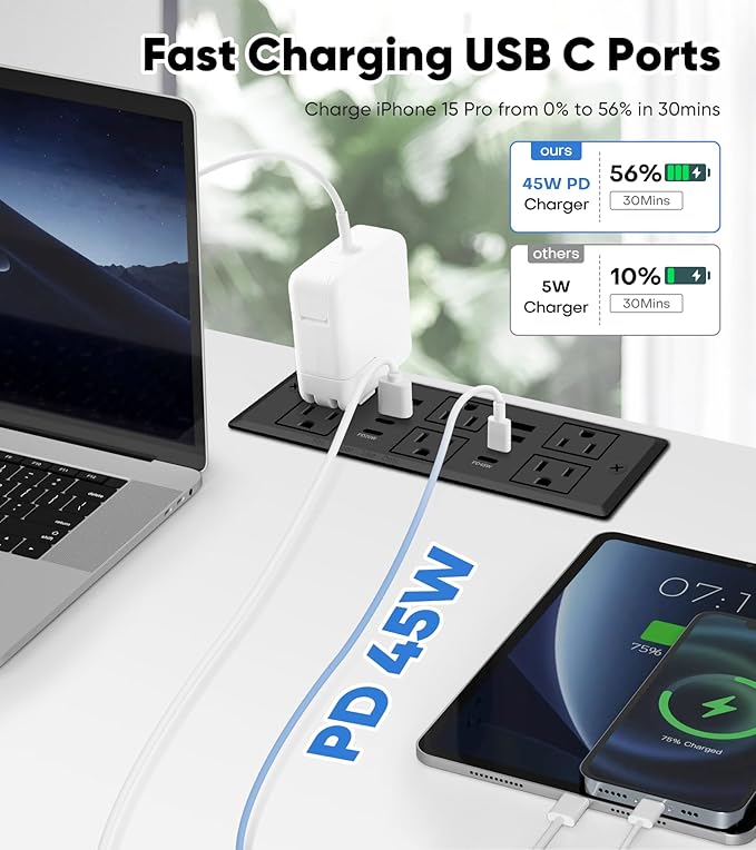 45W Recessed Power Strip, Flush Mounted Surge Protector(1200J) with 6 AC Outlets & 8 USB Ports(4 USB-C), 45°Flat Plug, 6FT Flat Power Cord(Black)