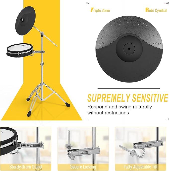 AKLOT Fully-Expandable Electric Drum Set: Independent Stand System, 12" Wooden Snare, Independent Hi-Hat and Triple-Zone Ride Cymbal, Mesh Bass Drum, 475 Sounds, Drum Sticks, Lesson Book (B-CORE546)