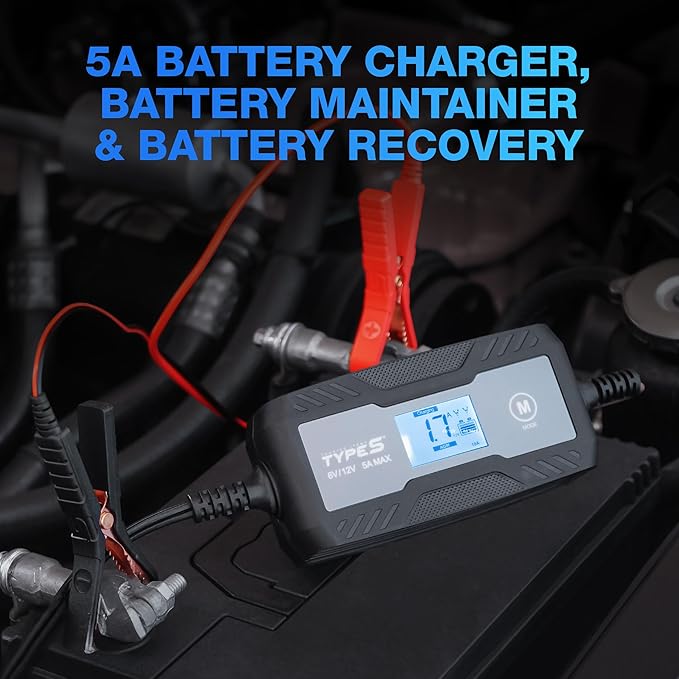 Type S 5A Smart Battery Charger & Maintainer – 6V & 12V Automatic Car Battery Charger for Cars, Trucks, Motorcycles, Boats, ATVs, Lawn Mowers, RVs – Lead-Acid, AGM, Gel, LiFePO4 Batteries