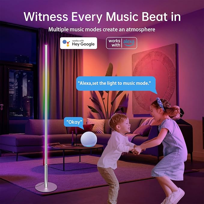 Marlrin RGBW Floor Lamp, Color Changing Standing LED Corner Lamp, Modern Lamp with Music Sync, Compatible with Alexa，Wi-Fi APP and Remote Control, 57.8" Floor Lamp for Living Room and Bedroom, Silver
