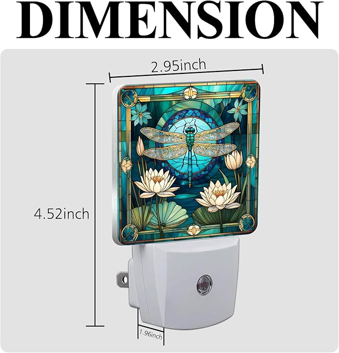PODMemory Dragonfly & Flowers Stained Glass Night Lights Plug into Wall for Room, Dragonfly & Flowers Night Light LED for Bedroom