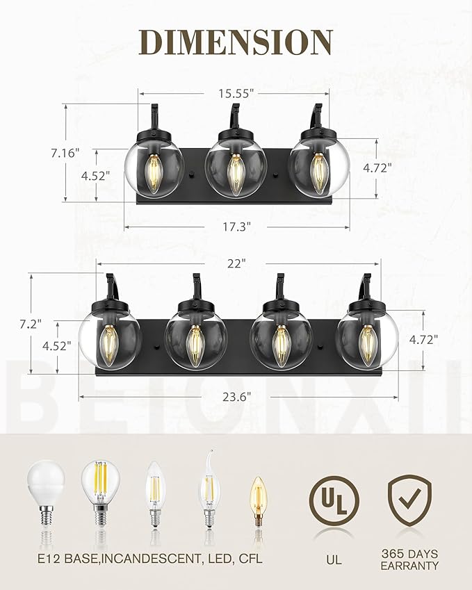 Beionxii Black Bathroom Vanity Light, 3-Light Bathroom Light Fixtures with Clear Glass Shade, Modern Vanity Lights Over Mirror Living Room Hallway, BX-VL03MB-3CG